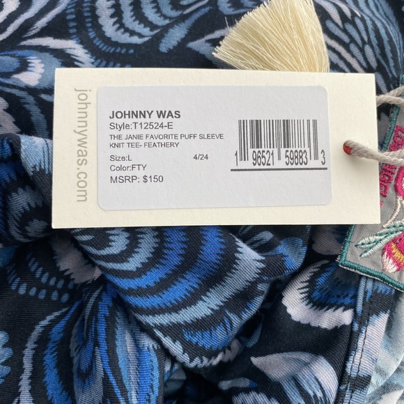 NWT Johnny Was Blouse Top Sz L Blue Artsy Whimsical Printed 3/4 Sleeve MSRP $150 - Picture 9 of 11